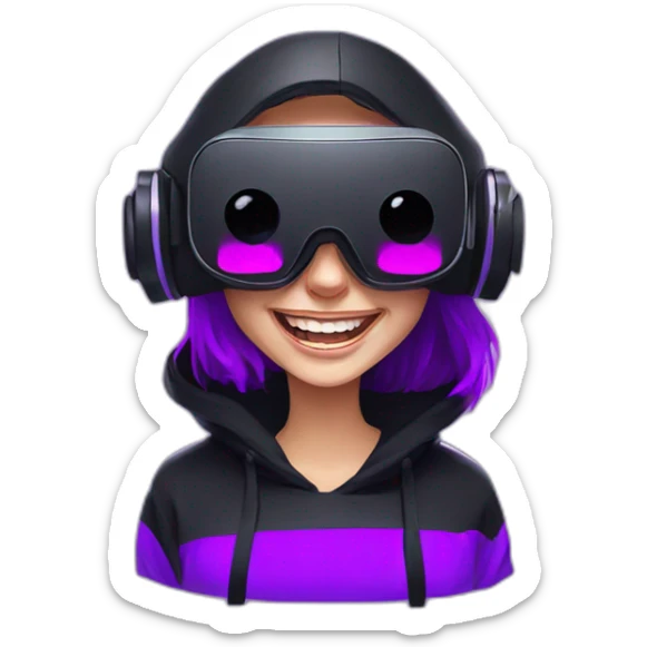 laughing Russian girl wearing black hoody with violet letters "OMG", in vr headset. Cyberpunk style. Violet neon. sticker