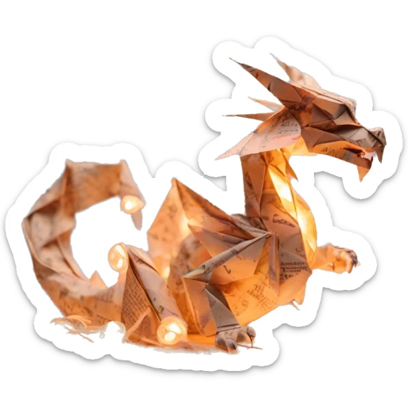 Beige Origami dragon made of newspapers on fire letters on fire burnt paper surrounded by fairy lights swirls covered in dried flowers bokeh floral flowers fire flames sticker
