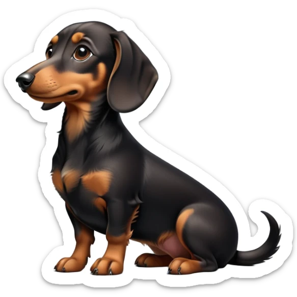 cinematic-[dachshund dog]-realistic-full-body-sitting-emoji,-tail-resting-loosely-beside-its-paws,-head-tilted-dramatically,-sleek-[black and tan]-fur,-simplified-yet-realistic-focused-features,-highly-detailed,-glowing-with-an-almost-sarcastic-glow sticker