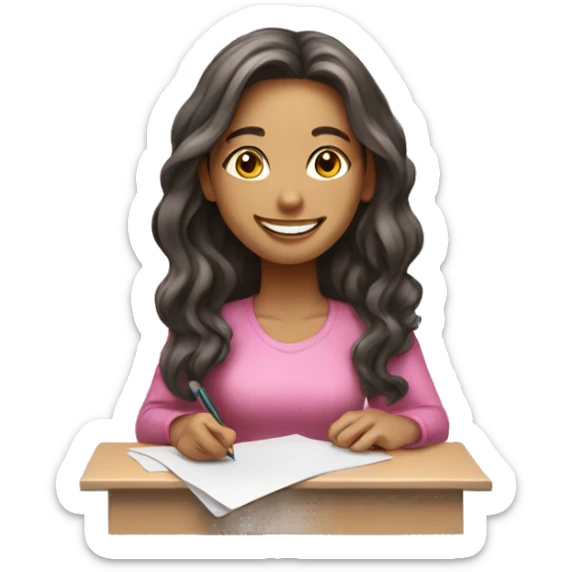 young woman, pink、long hair, smiling, white skin,and is a freelancer about writing paper. sticker