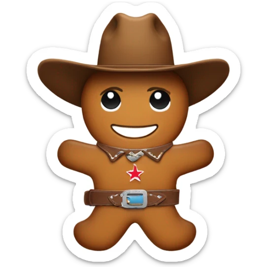 Gingerbread man wearing cowboy hat and a belt with a belt buckle in the shape of Texas sticker