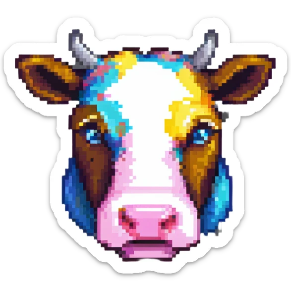 ultra-minimal blocky Minecraft cow head emoji with one large colorful square pixel, perfectly square, extremely simple, abstract, playful, childlike sticker
