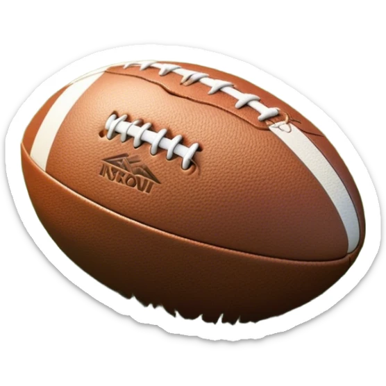 Cinematic Realistic image of a rugged rugby ball with detailed leather textures and precise stitching, rendered against a sunlit field backdrop with dynamic natural lighting that emphasizes its robust character sticker