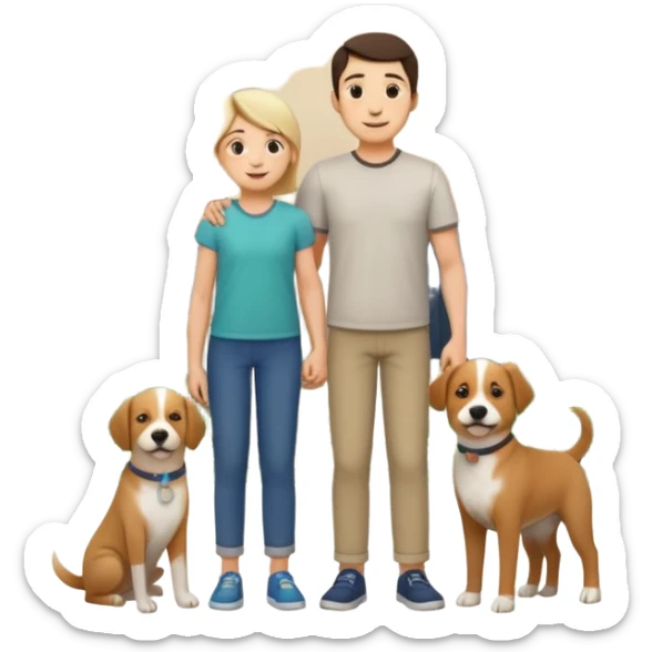 1 Father 1 Mother and 1 young BOY who is half as tall as the parents, standing in front of their house with a dog next to them. Everyone should look VERY happy. There MUST be a house behind them with trees and plants sticker