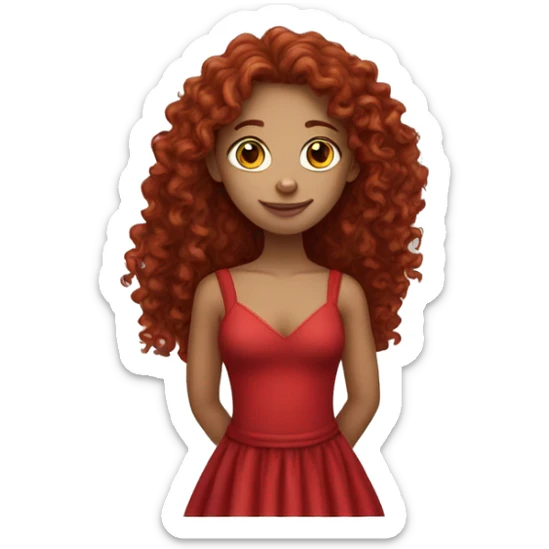Girl with deep red long curly hair and light skin wearing a red dress sticker