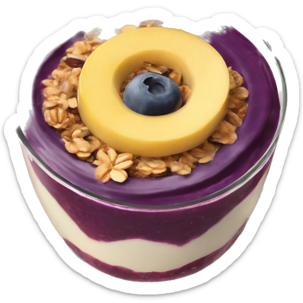 Açaí in a clear cup with layers of fruits and granola and condensed milk sticker