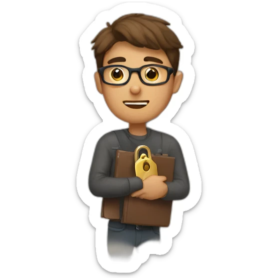 brown-short-haired man wearing glasses, struggling to fit a key into a door-lock sticker