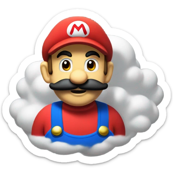 Mario plumber with red hat and an letter M on it with blue pants and yellow knobs on them and a red jacket with white gloves and a black mustache that looks like an cloud sticker