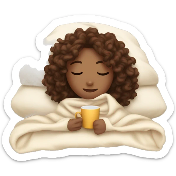 girl with curly brown hair inside a blanket sipping coffee eyes closed sticker