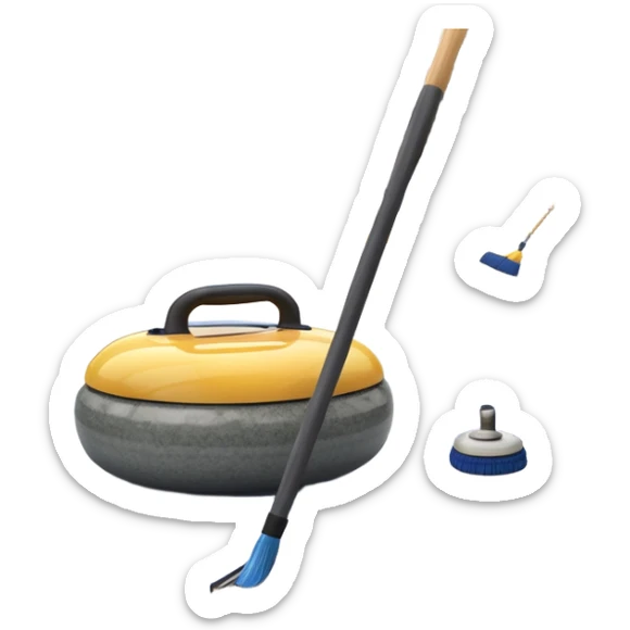 An icon showing a detailed close-up of a curling stone sliding across the ice, with a broom in motion beside it. The background features an indoor stadium with cheering spectators on the stands. Transparent background captures the strategy and focus of curling. sticker