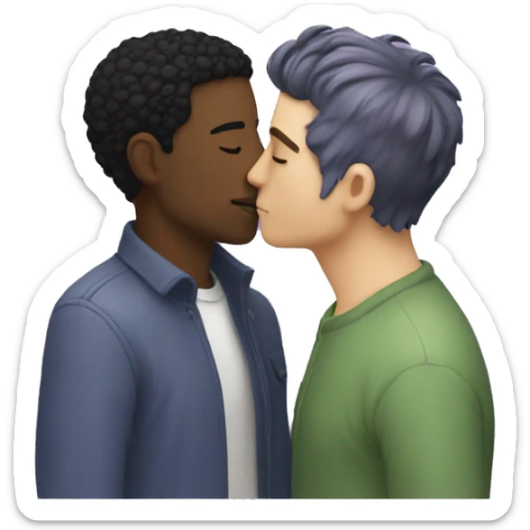 Two men kissing, one of the white with lavender hair and the other person is black with black hair sticker