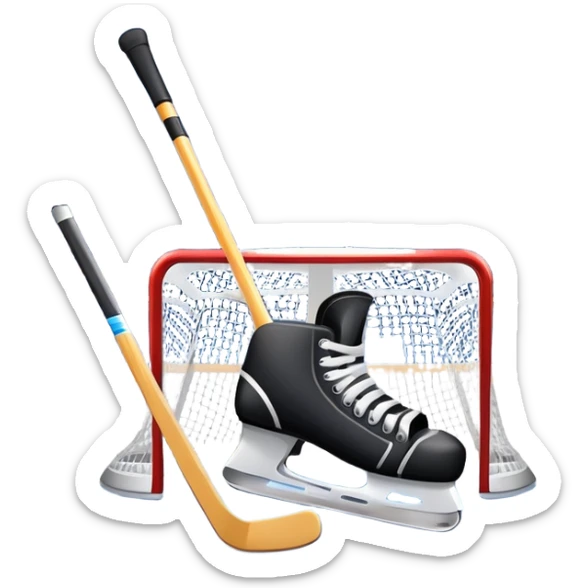 An icon showing a close-up of a hockey stick, puck, skates, and hockey net placed on the ice. The background features a packed stadium with bright lights, cheering fans, and snowy scenery outside. Transparent background highlights the key elements of the game. sticker
