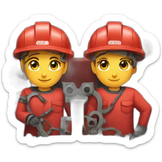 a team of two people dismantling industrial machinery wearing red uniforms with an "S" drawn as a logo. sticker