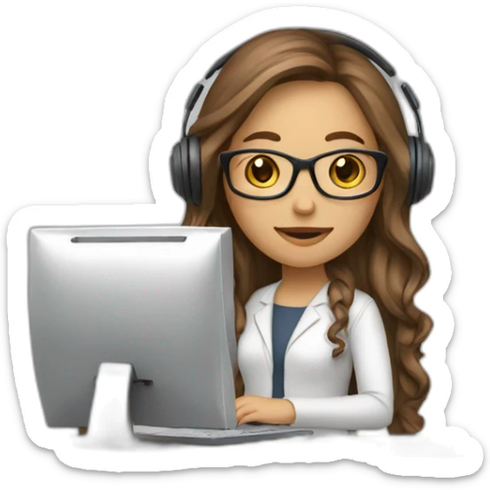 woman-white,-brown-long-hair,-brown-eyes,-white-glasses,-with-a-computer-and-a-headset sticker