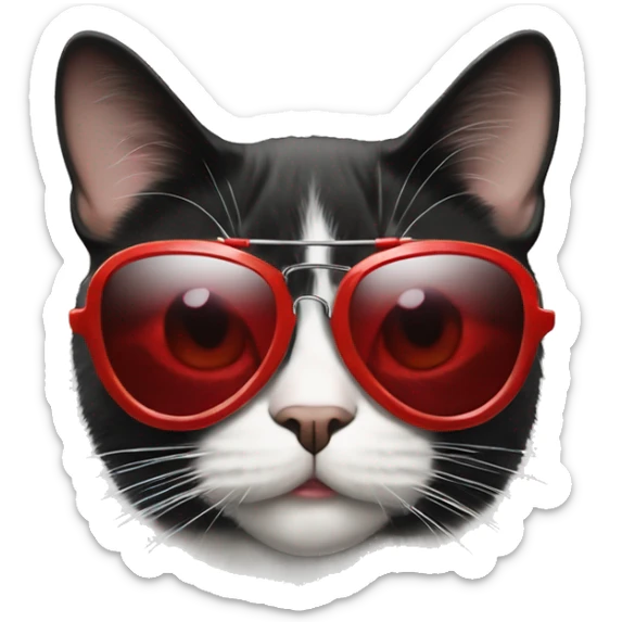 Face of a tuxedo cat wearing red aviator sunglasses with their eyes peeking over the top and a sarcastic way sticker