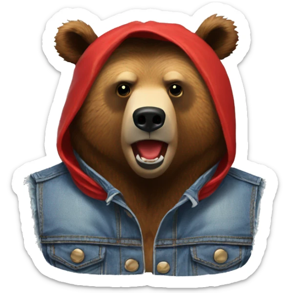 grizzly bear wearing sleeveless jean jacket and red bandana around head with open mouth sticker