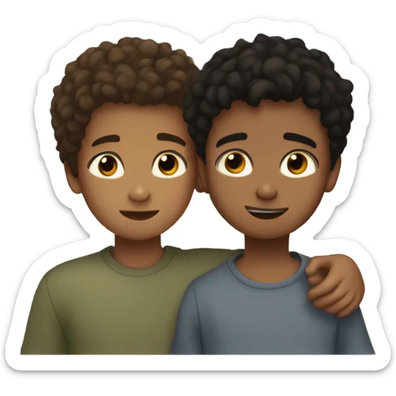one young boy with tanned skin and black eyes and hair hugging another young boy with dark blonde hair and light brown eyes and freckles  sticker