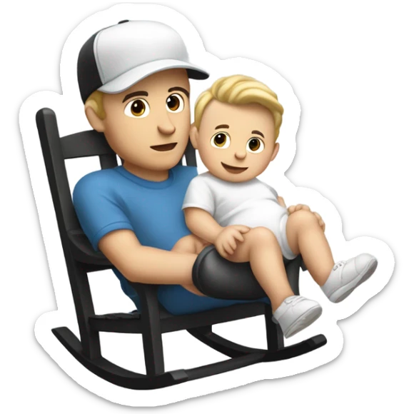 Young white man in unlabeled baseball hat rocking a white infant baby in puffy grey rocker  sticker