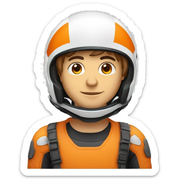 Un jeune homme avec un air énervéau teint humain portant un casque de moto de couleur orange et blanc avec la vitre ouverte sticker