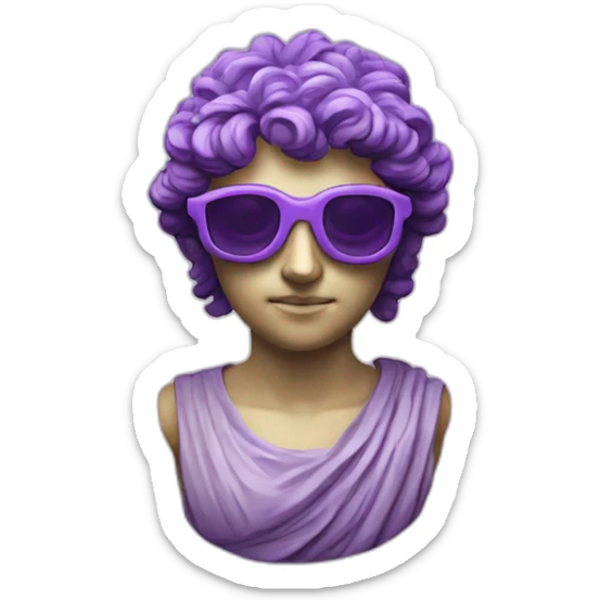 an EMOJI OF A ancient young greek statue, wearing VR glasses, purple colors, DIGITAL UNIVERSE sticker
