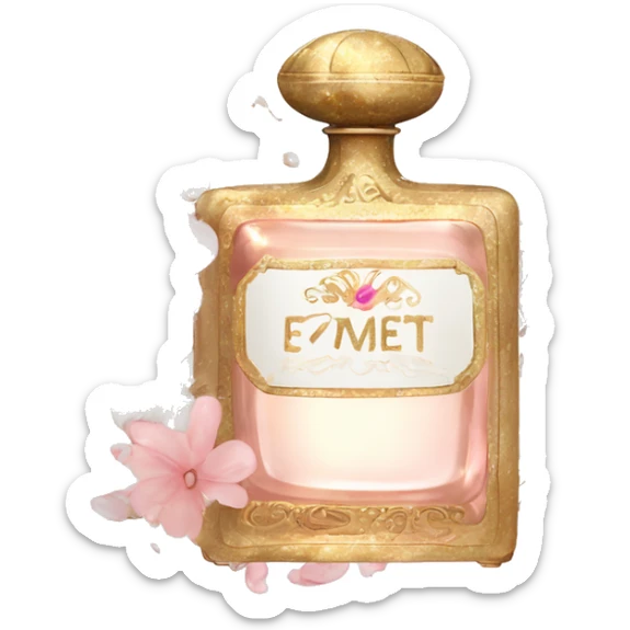 Vintage perfume bottle in antique Greek style, white, pink and beige, oil perfume inside, sequins and flowers fluttering around sticker