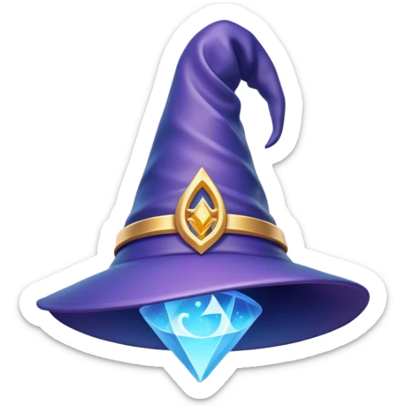 Clash of Clans aesthetic: Cinematic Playful Wizard's Hat Emoji, rendered in a 3D vector-style similar to standard emojis with minimal shading and bold, simplified shapes. A compact, isometric pointy hat with a wide brim adorned with mystical symbols and subtle enchanted shimmer, softly glowing with a magical whimsical charm. Simplified yet unmistakably iconic, highly detailed and consistent, glowing with a soft radiant glow and high shine. Stylized with a touch of classic sorcery and a soft glowing outline, capturing the essence of a legendary wizard’s hat with a friendly, playful manner! sticker