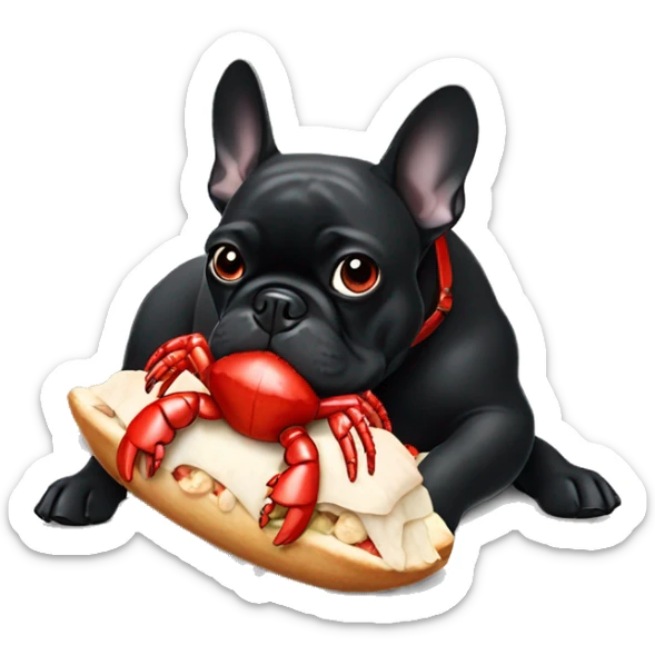 A black French bulldog eating a red lobster toy sticker