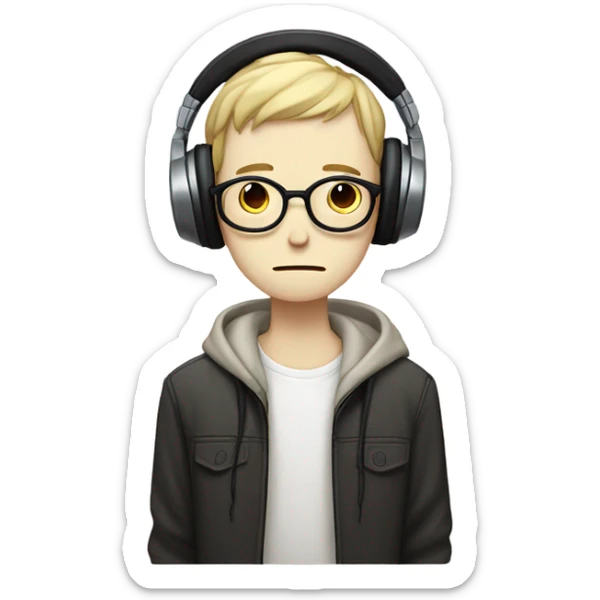 Skinny white boy with harrowed, gaunt facial features and black-rimmed glasses, wearing headphones, bemoanedly grieving and listening to music (Japan) sticker
