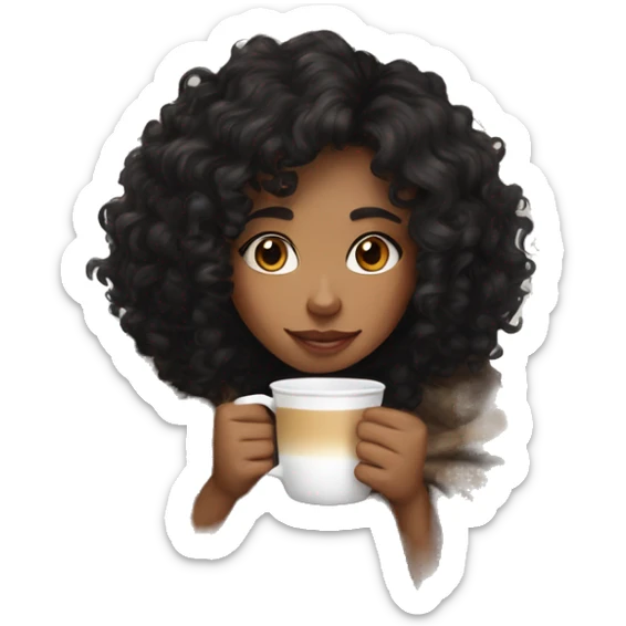 Light brown skin mid length black curly hair Girl drinking coffee, with a cozy blanket sticker