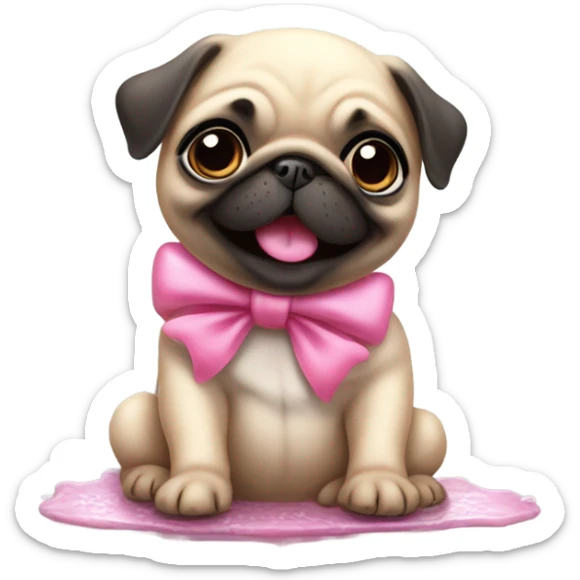 Baby pug with big pink
eyes wearing a pink bow above 1 ear sitting in a puddle   laughing  sticker