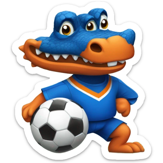 Gator with a soccer jersey in blue and Orange kicking a soccer ball sticker