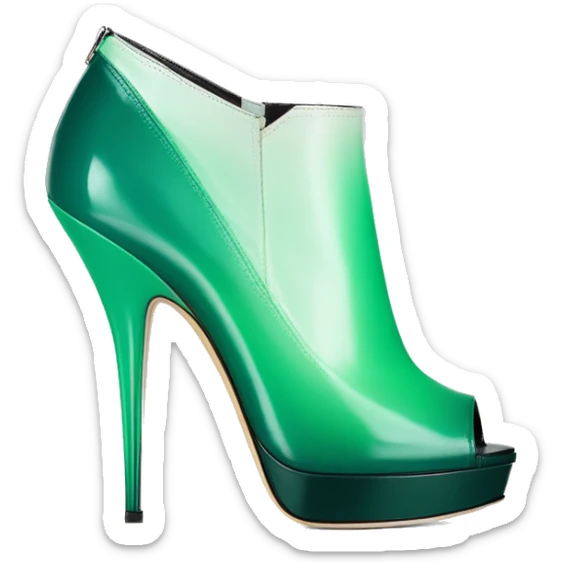 Realistic isolated top front view of a pair of emerald green to mint green ombre Jimmy Choo peep toe stiletto ankle booties. sticker