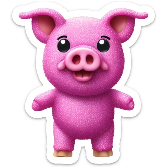 Pig made of sparkling purple sour candy laces and pink sweets standing covered in sugar  sticker