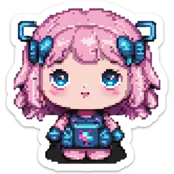 pixel art of a cute battery girl with big eyes, pink cheeks, playful pose sticker
