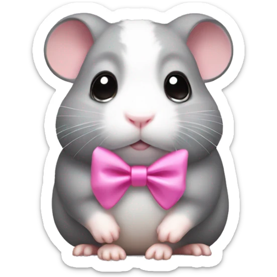 Gray and white Hamster with big sad eyes and pink bow on top of head sticker