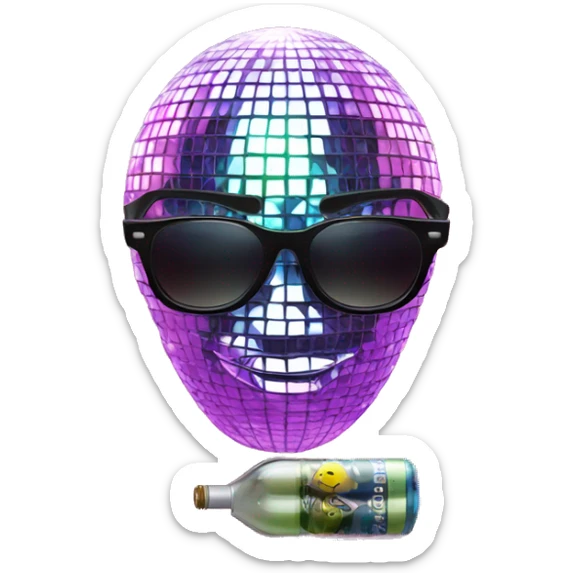 a man's head in the form of a disco ball in sunglasses, with vape and iphone sticker
