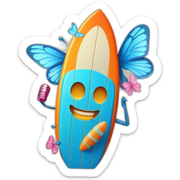 A surfboard Cartoon Blue and orange tiki smiling with butterfly and and Cartoon Blue and pink tiki singing with butterfly and mikrophone sticker