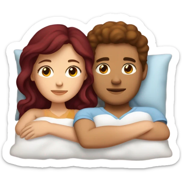 Burgundy haired girl and brunette boyfriend cuddling in bed sticker