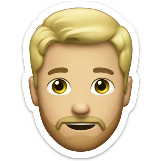 The man is blond with short hair, one eye is gray, the other is green, and his beard is light brown sticker