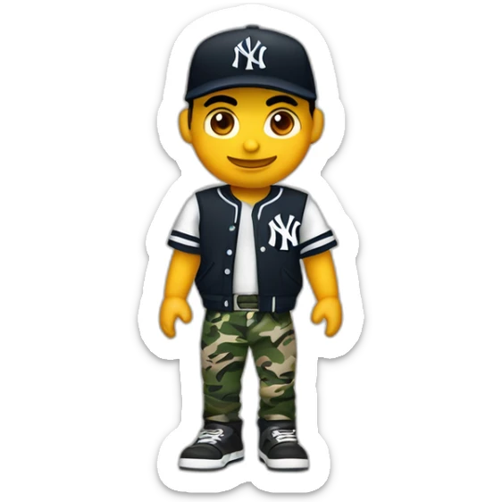 Crea un muchacho rockero, con pantalón camuflageado y una playera negra de NY yankees, con cabello rizado, brazos tatuados y un letrero que diga tichobboy sticker