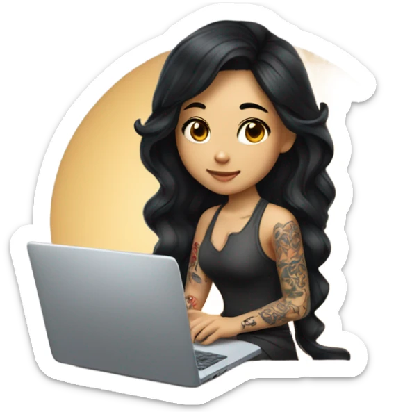 beautiful girl, with arm tattoos, with long black hair, wavy hair, chinese, with laptop sticker
