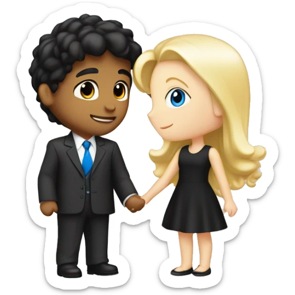 boy with black hair and blue eyes in suit kissing blond girl with hazel eyes with a cute black dress and both are white pale sticker