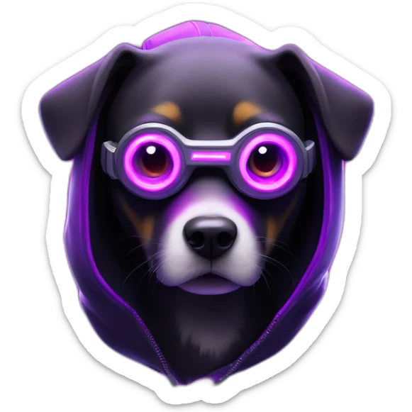 Russian dog wearing a black hoodie with "OMG" letters on it and VR headset in a cyberpunk VR environment with violet neon lighting. sticker