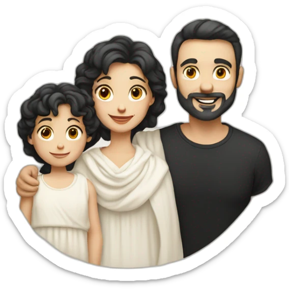 Daddy with white skin wear cream tshirt and his wife with white skin wear long blaus with black shawl also his son wear cream tshirt sticker