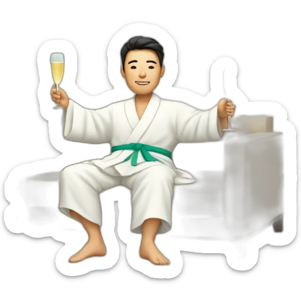 A Korean man in a bathrobe on the sofa with a glass of champagne sticker