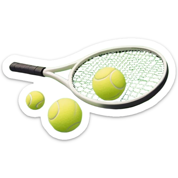 A tennis racket and a ball placed on the ground, with a tennis court in the background. The court lines and net are visible, emphasizing the structure and focus of the sport, creating a dynamic and energetic vibe. sticker