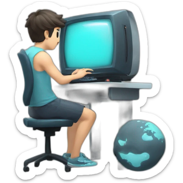 game player playing with his computer, the monitor has the Uranus logo and the inscription Uranus sticker