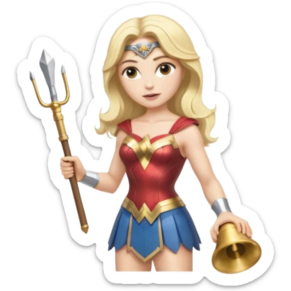 Blonde Wonder Woman holding short white orchestra conductor’s baton and bell sticker