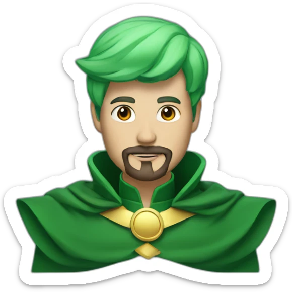 man with green hair green suit and large green top with gold strip hat goatee green cape sticker