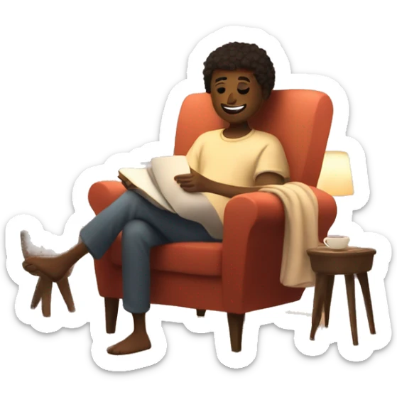 An image of a person relaxing on a comfy chair with a blanket, a cup of tea, and soft lighting, creating a peaceful atmosphere sticker